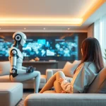 AI sex virtual companion engaging in an innovative living room environment.