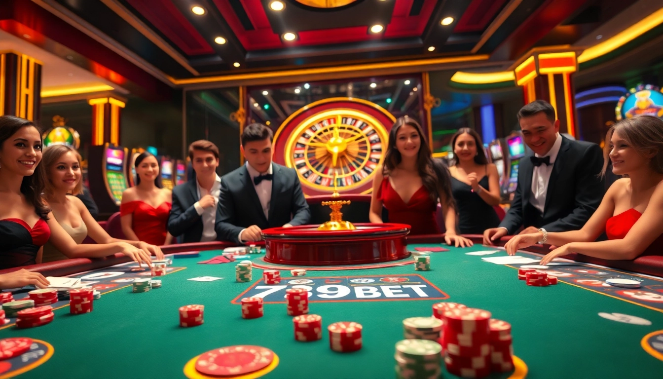 Exciting casino experience at 789BET featuring poker chips and a vibrant roulette table.