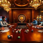 Engaging poker players featuring OK8386 amidst vibrant casino elements.