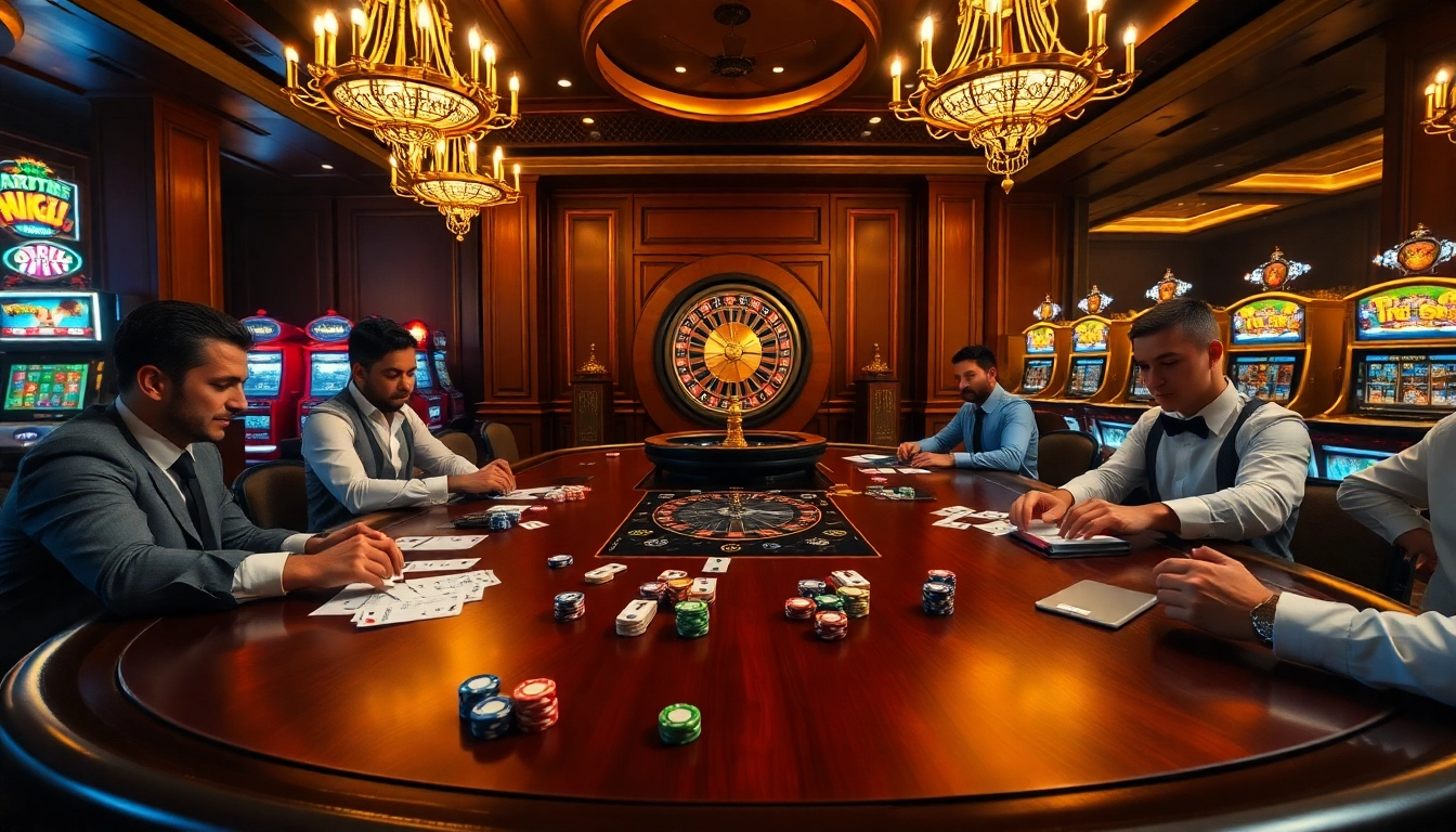 Engaging poker players featuring OK8386 amidst vibrant casino elements.