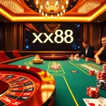 Gamblers engaging at a luxurious casino table with xx88 branding, poker chips, and cards.