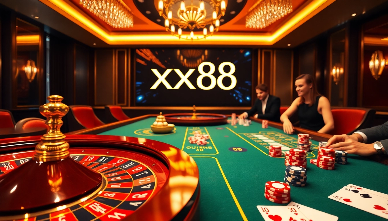 Gamblers engaging at a luxurious casino table with xx88 branding, poker chips, and cards.