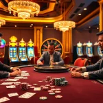 KJC poker players strategize around a luxurious table in a vibrant casino.