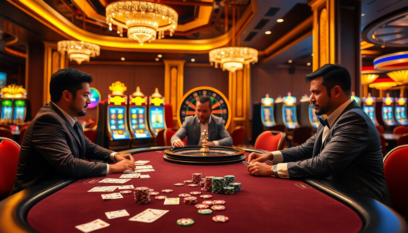 KJC poker players strategize around a luxurious table in a vibrant casino.