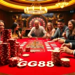 Players enjoying a poker game at GG88's luxurious casino table with vibrant chips and cards.