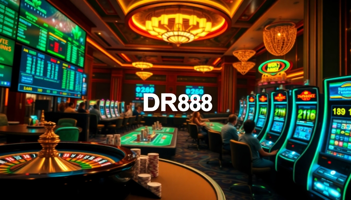 Experience exciting online gambling at DR88 with vibrant tables, glowing slot machines, and engaging player interactions.