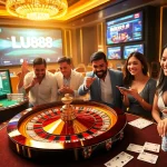 Gambling excitement at LU88 with a branded roulette wheel and diverse players celebrating wins.