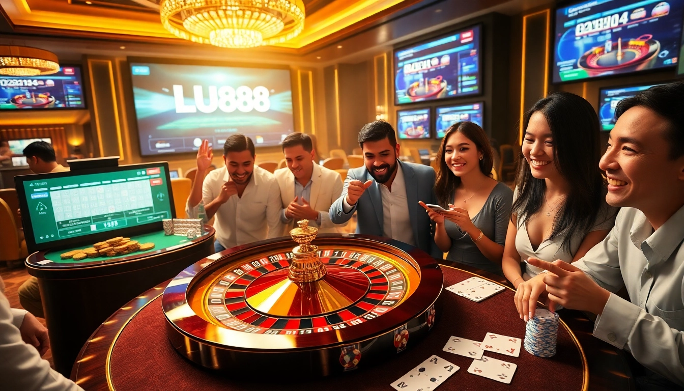 Gambling excitement at LU88 with a branded roulette wheel and diverse players celebrating wins.