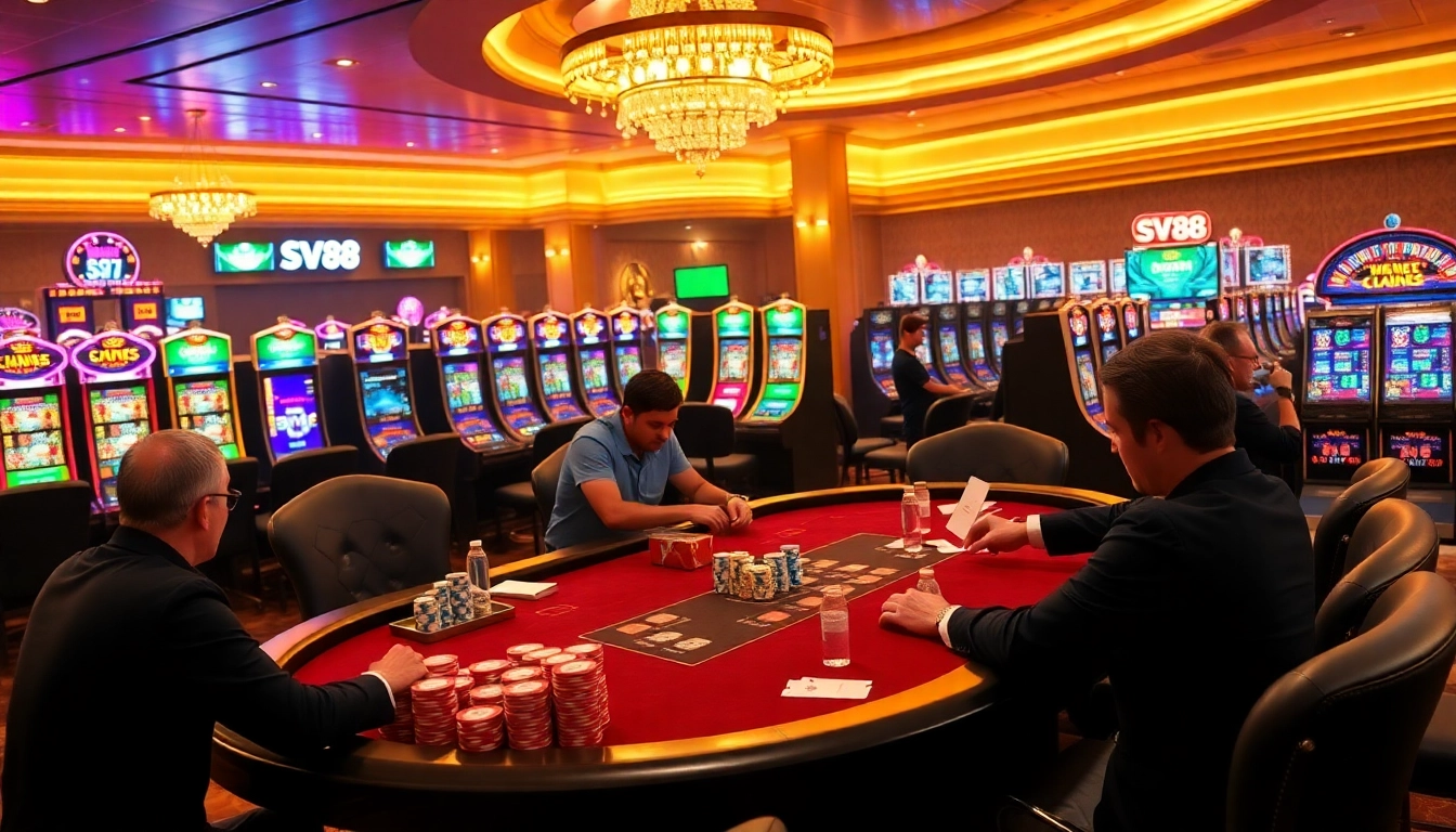 SV88 players strategically gambling at a high-stakes poker table with colorful chips.