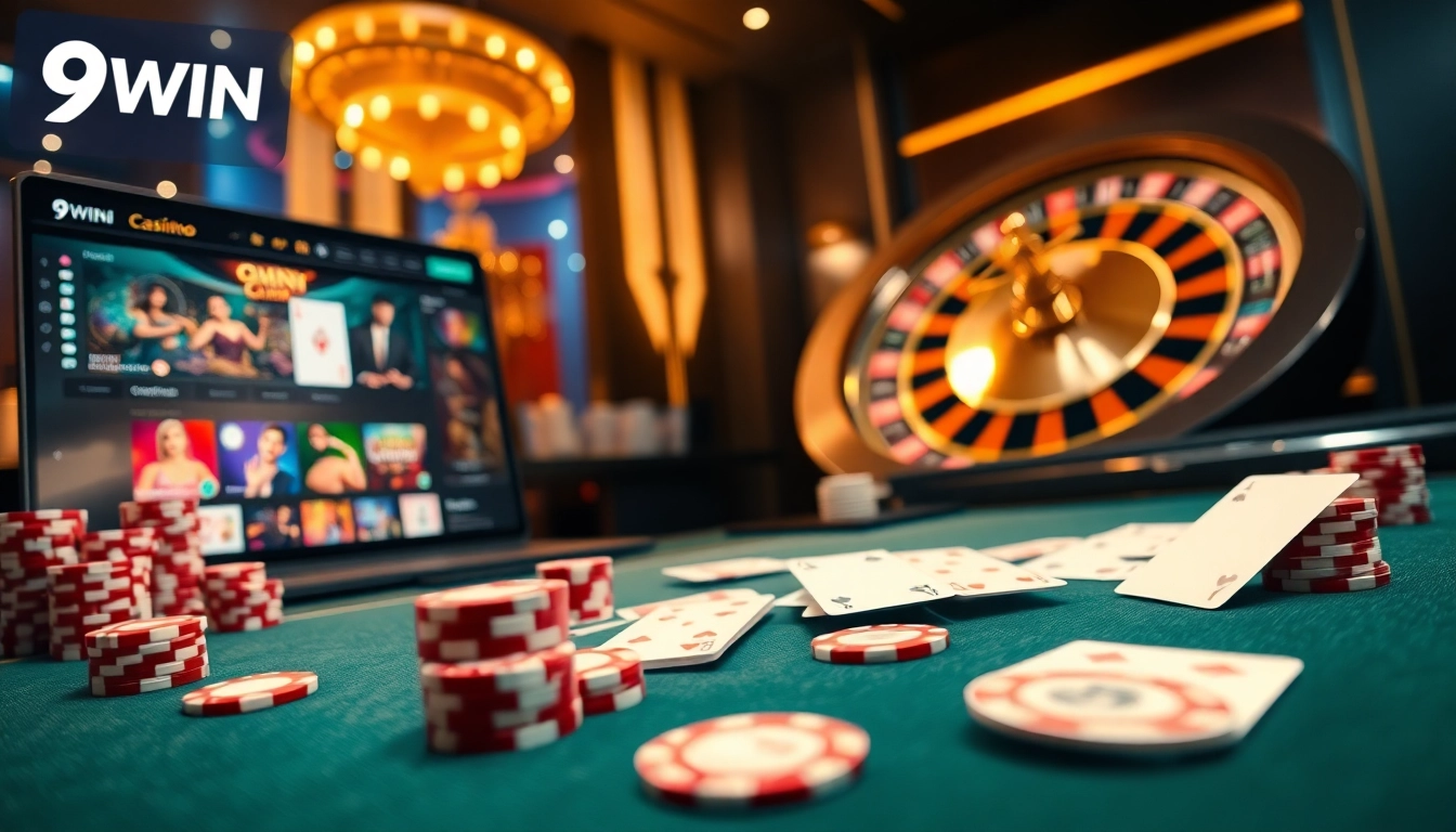 Experience thrilling gaming at nhà cái 9WIN with poker chips and vibrant casino elements.