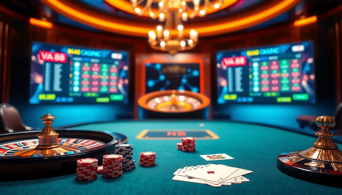 Va88 online casino featuring a luxurious poker table and roulette wheel with dynamic betting interfaces.