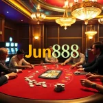 Players enjoying a high-stakes game of poker at Jun888 casino, with vibrant colors and exciting atmosphere.