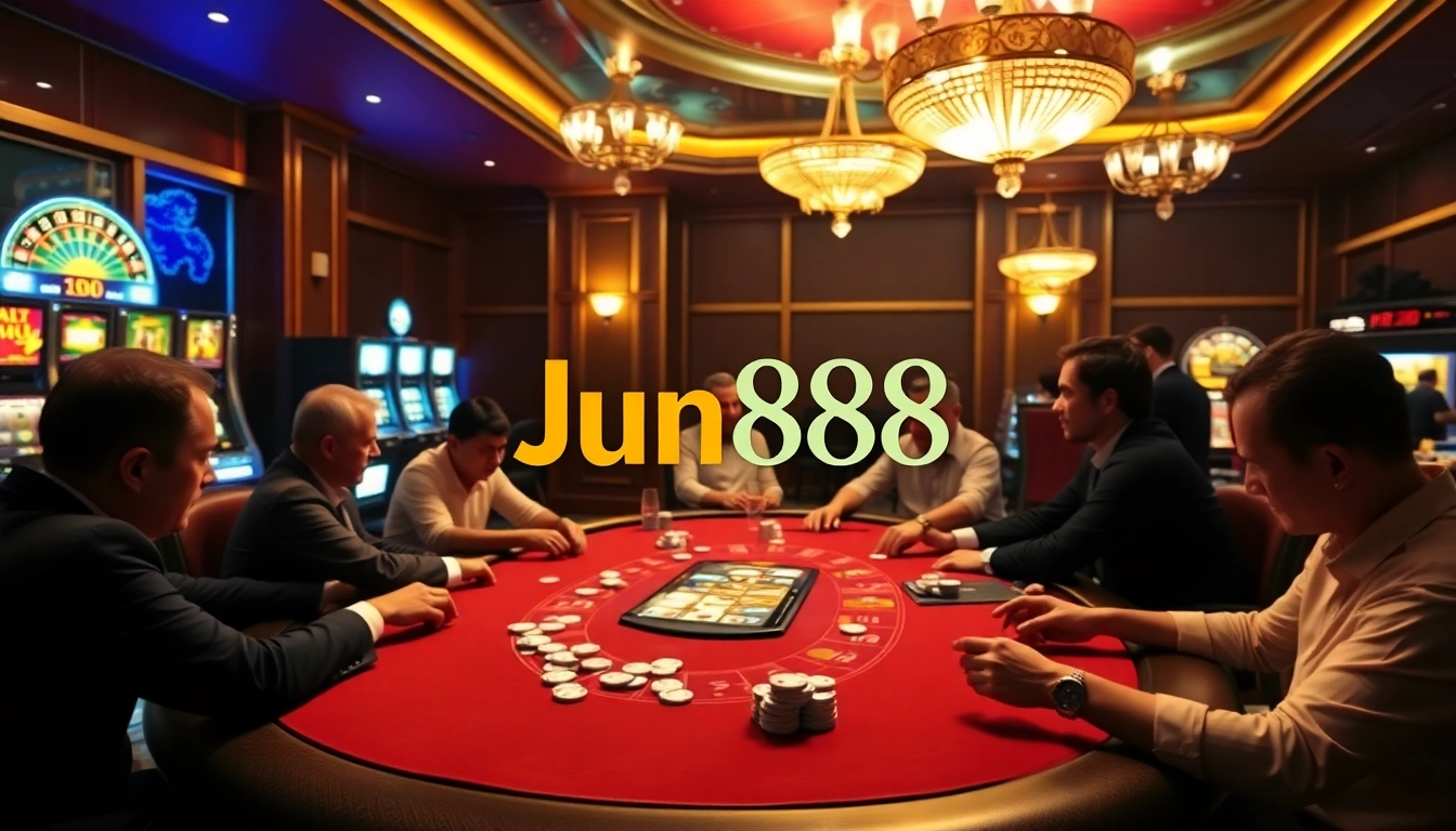 Players enjoying a high-stakes game of poker at Jun888 casino, with vibrant colors and exciting atmosphere.