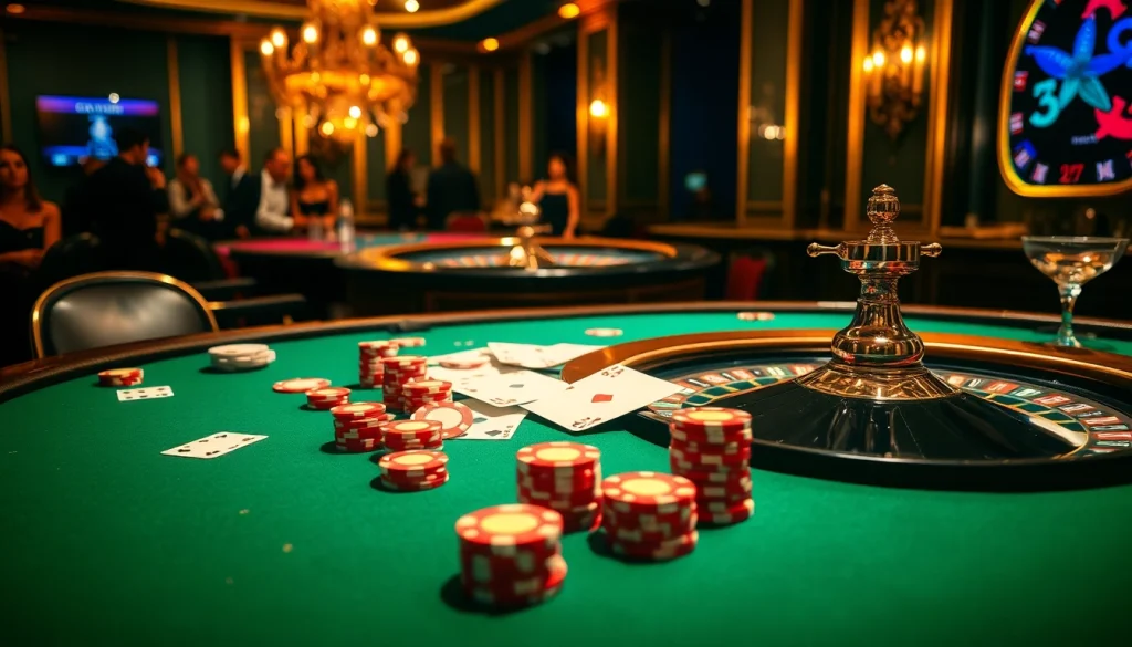 S8-themed vibrant casino scene featuring poker chips and a roulette wheel amidst a luxurious atmosphere.