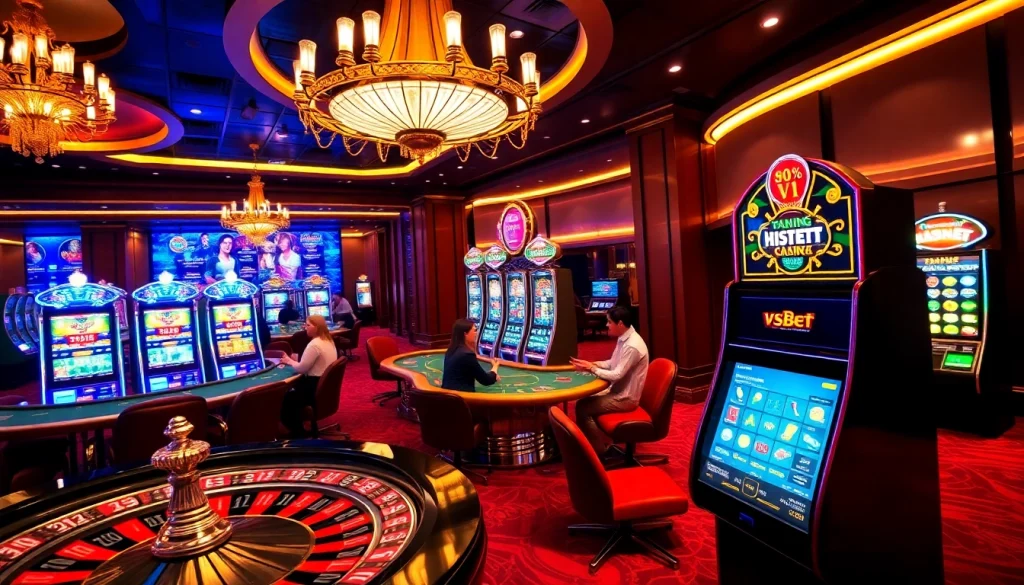 Players enjoying an exhilarating night at Nhà cái VSBET casino tables with vibrant slot machines.