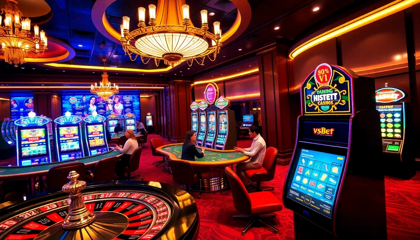Players enjoying an exhilarating night at Nhà cái VSBET casino tables with vibrant slot machines.