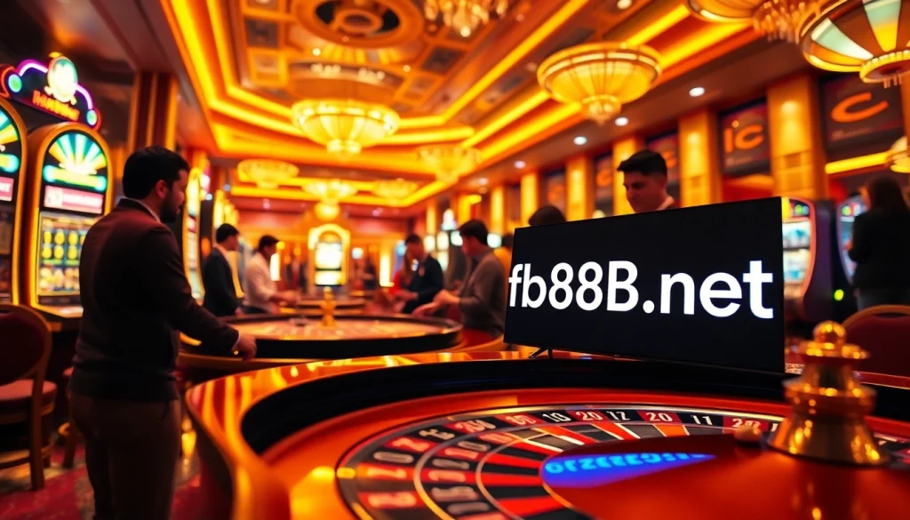 Gamblers enjoying a thrilling experience at fb88b.net casino with vibrant roulette and slot machines.