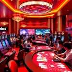 Engaging gamblers at MB66 casino tables with vibrant slot machines and promotions.