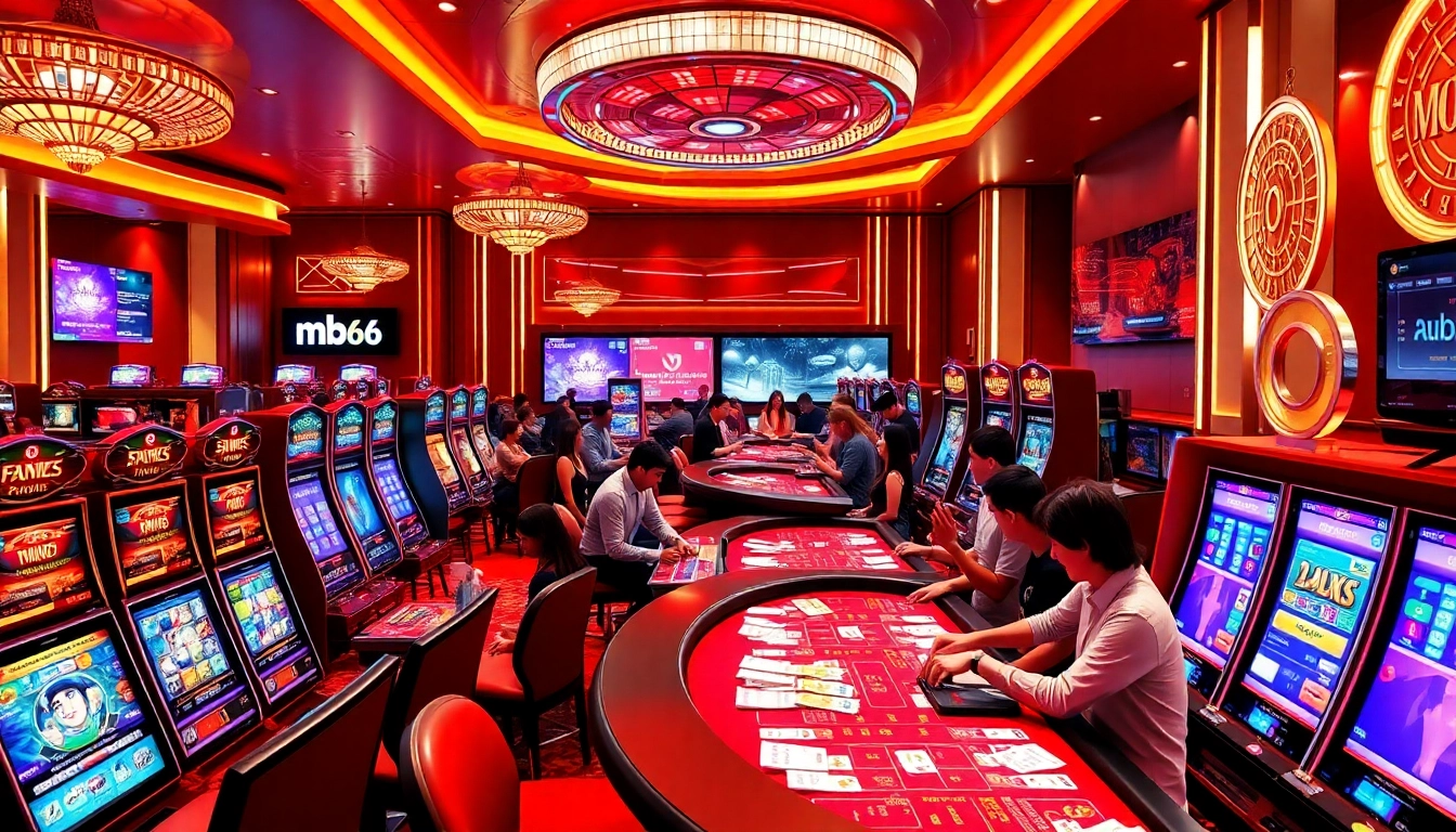 Engaging gamblers at MB66 casino tables with vibrant slot machines and promotions.