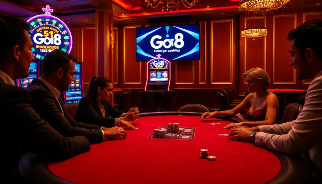 Players enjoy a thrilling poker game at Go8 Casino, showcasing chips and cards in an elegant setting.