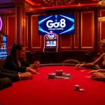 Players enjoy a thrilling poker game at Go8 Casino, showcasing chips and cards in an elegant setting.
