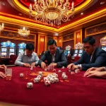 Engaging scene at cổng game sky88 with players in a high-stakes poker game surrounded by vibrant casino elements.