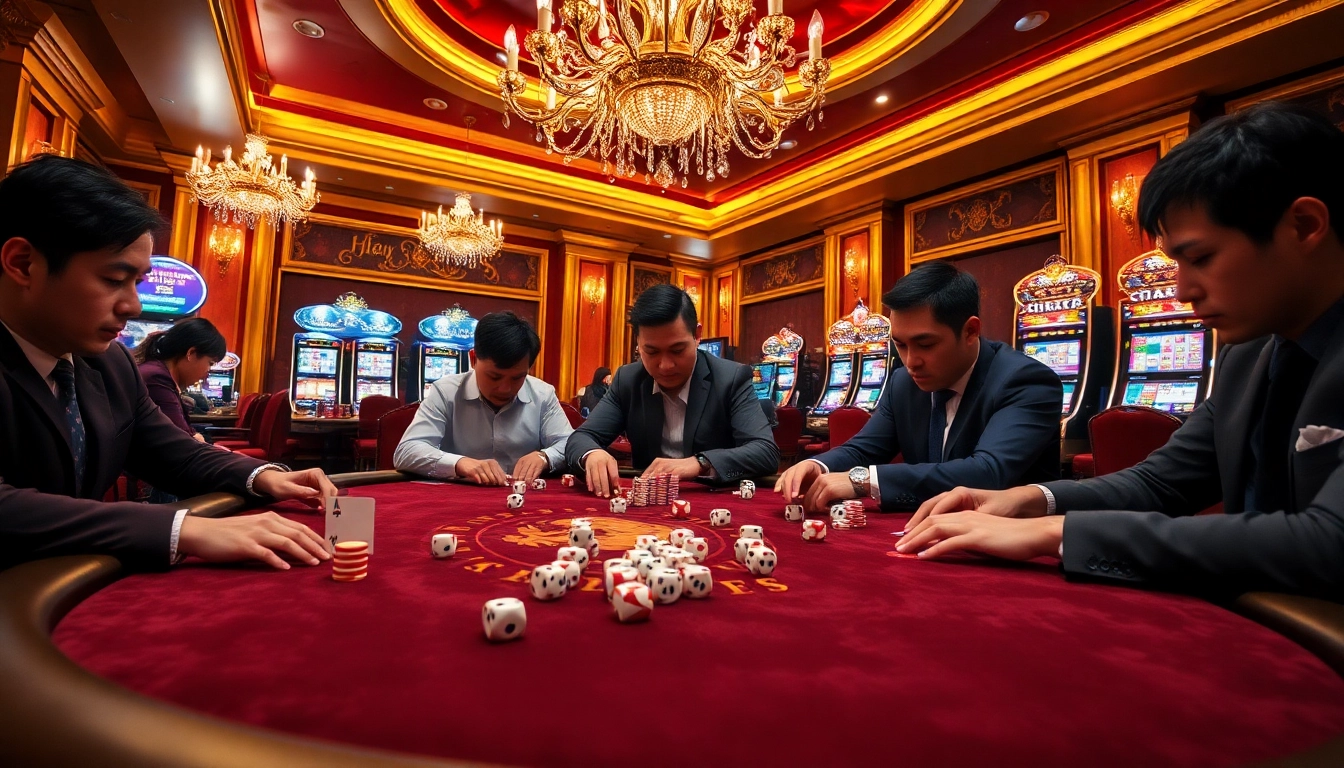 Engaging scene at cổng game sky88 with players in a high-stakes poker game surrounded by vibrant casino elements.