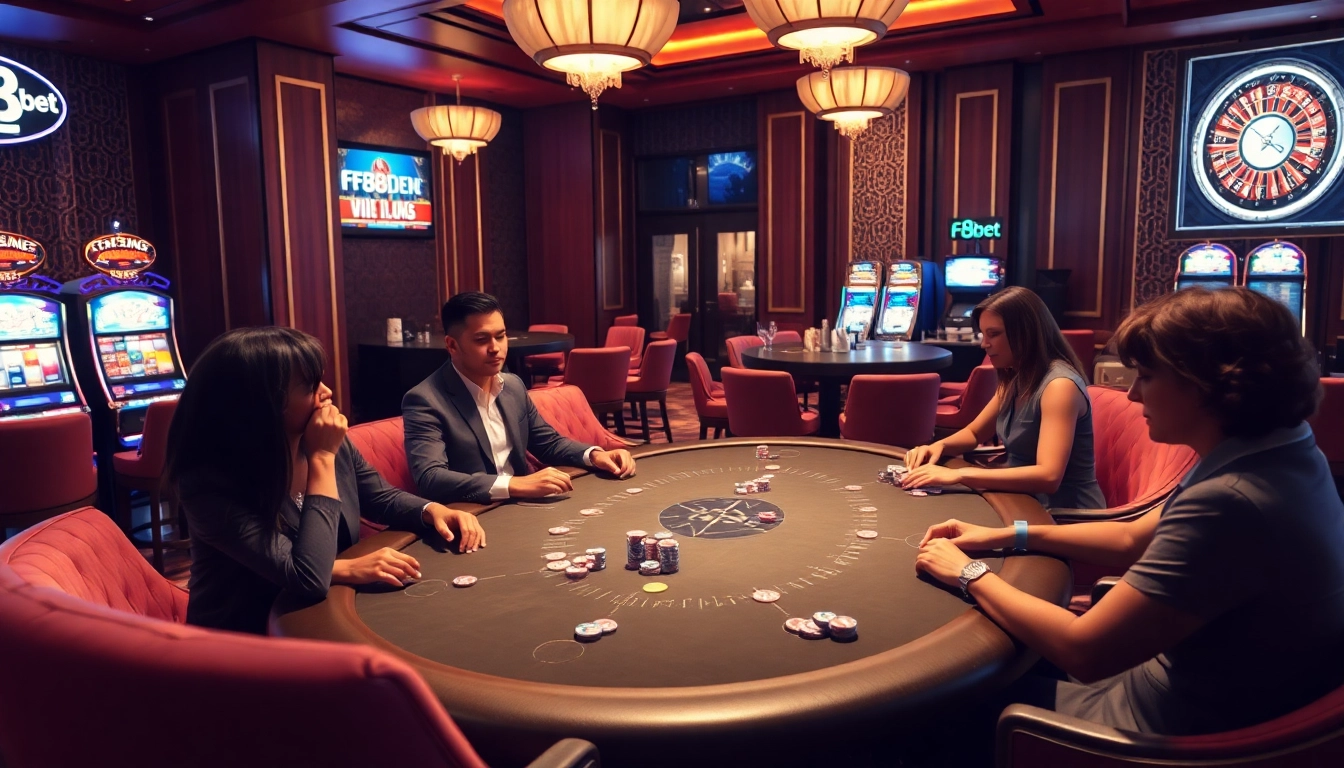 F8bet vip players enjoying a luxurious casino experience at a high-stakes poker table.