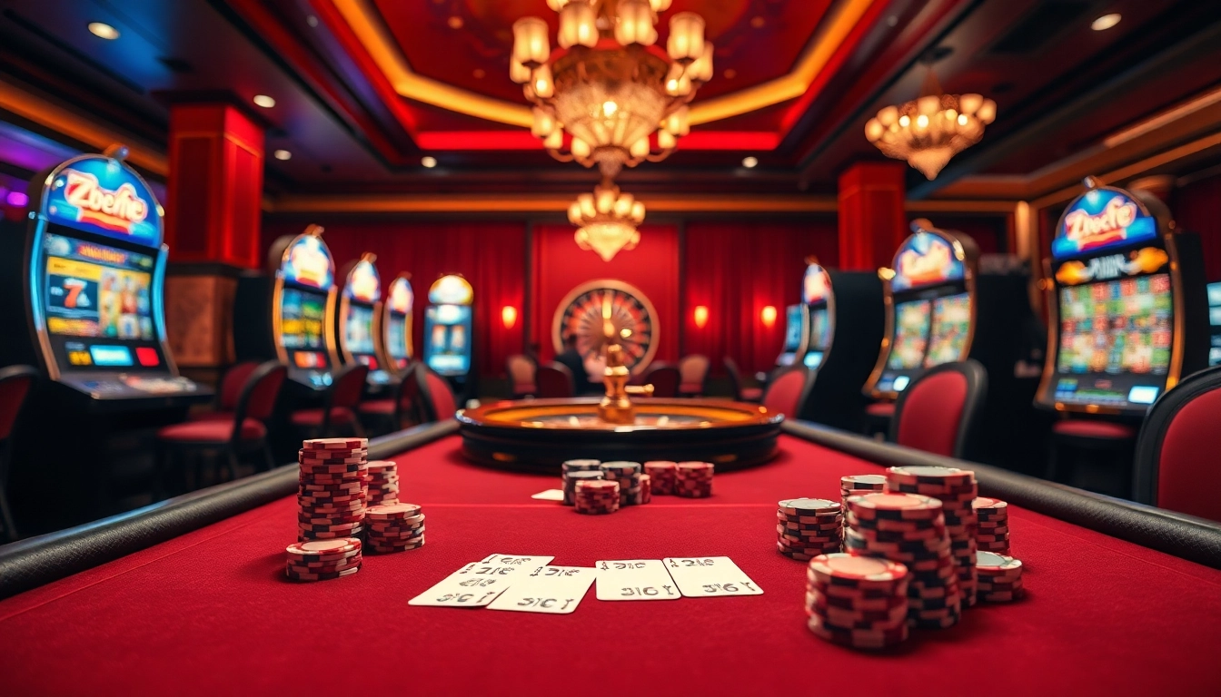 Experience thrilling gameplay at zbet me with vibrant casino visuals featuring poker tables and slot machines.