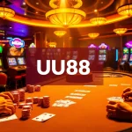 Players enjoying high-stakes poker at a UU88 casino with vibrant lights and chips.