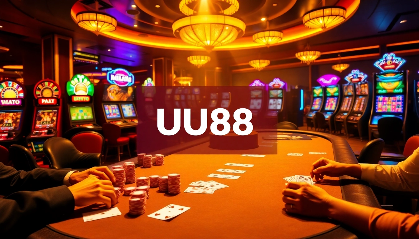 Players enjoying high-stakes poker at a UU88 casino with vibrant lights and chips.