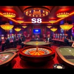 S8 casino scene showcasing high-stakes poker and vibrant slot machines in a luxurious setting.