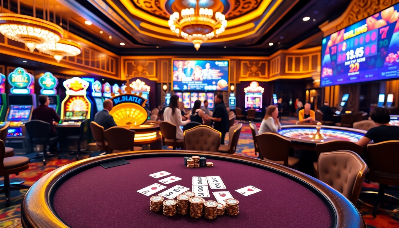 Exciting casino scene featuring UU88 gaming tables and vibrant slot machines.