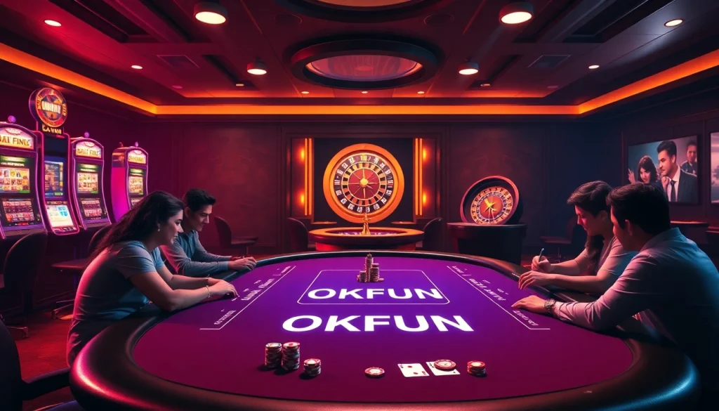 Players enjoying a thrilling poker game at OKFUN, featuring vibrant slot machines and engaging betting interfaces.