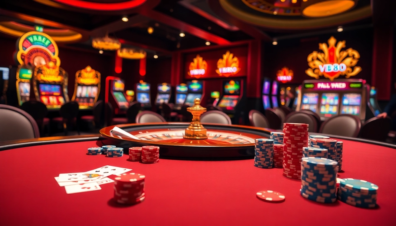 Engage in thrilling games at VB88 with vibrant poker chips and roulette excitement.