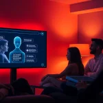 Engaging scene of users interacting with sex AI chatbots in a cozy, futuristic setting.