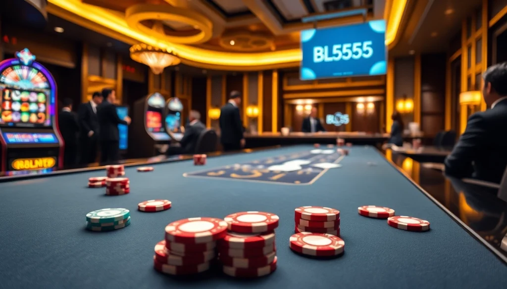 Experience thrilling gameplay with BL555 at a modern casino table surrounded by vibrant slot machines.