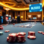 Experience thrilling gameplay with BL555 at a modern casino table surrounded by vibrant slot machines.