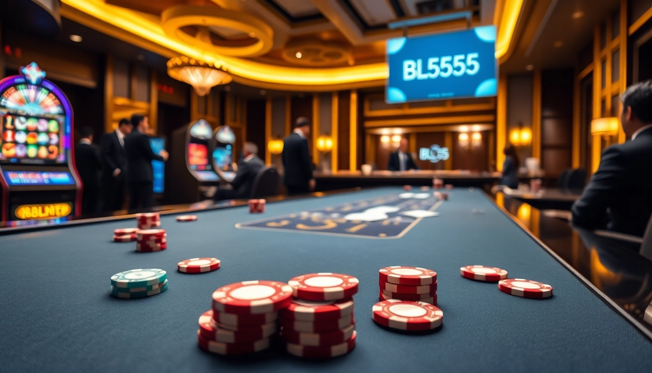 Experience thrilling gameplay with BL555 at a modern casino table surrounded by vibrant slot machines.