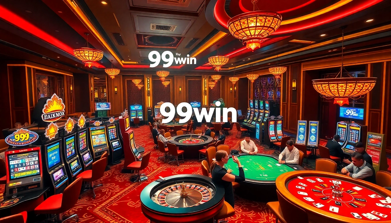 Experience the excitement of winning at 99win with vibrant casino slots, poker tables, and colorful chips.