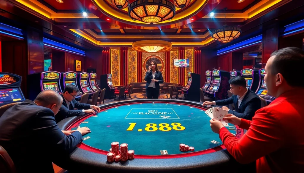 Place your bets and enjoy the excitement of BJ888 at a luxurious casino table with vibrant chips and cards.