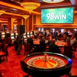 Players enjoying the excitement of 98WIN casino games with roulette and poker tables.