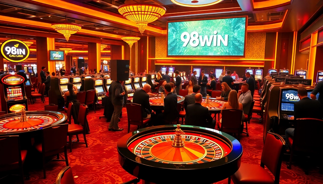 Players enjoying the excitement of 98WIN casino games with roulette and poker tables.