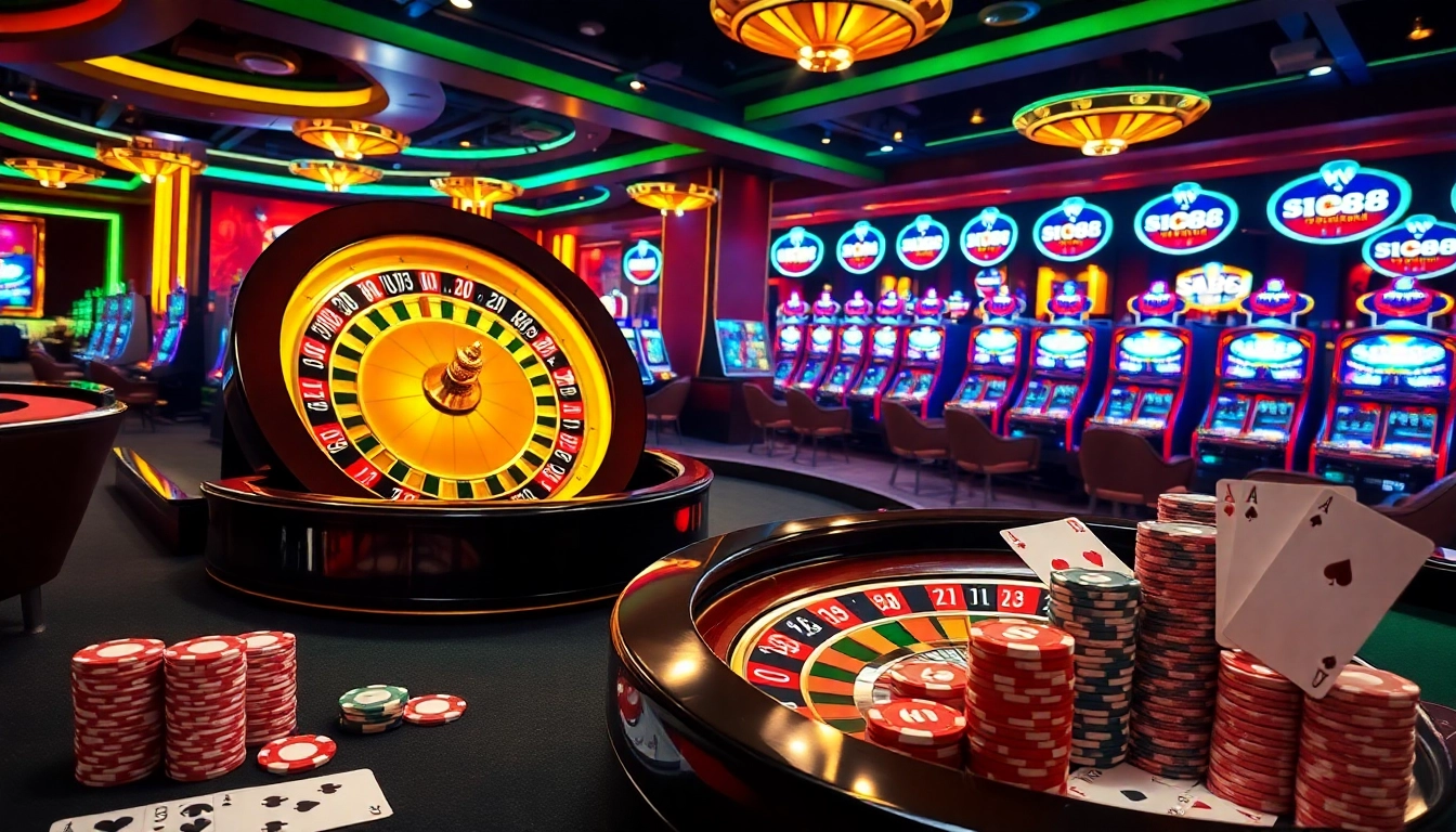 Players engaging with various tables and machines showcasing sc88 logo in a lively casino atmosphere.