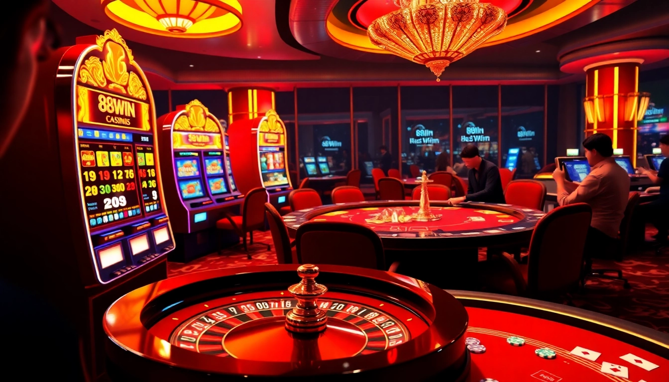 Players engaging with vibrant 98Win online casino games featuring roulette, slots, and poker in an elegant setting.
