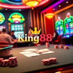 Experience the thrill of gaming at King88 with vibrant casino elements, cards, and betting tables.