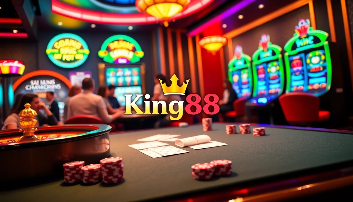Experience the thrill of gaming at King88 with vibrant casino elements, cards, and betting tables.