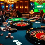 Playing high-stakes poker at VWIN's luxurious casino table with vibrant ambiance.