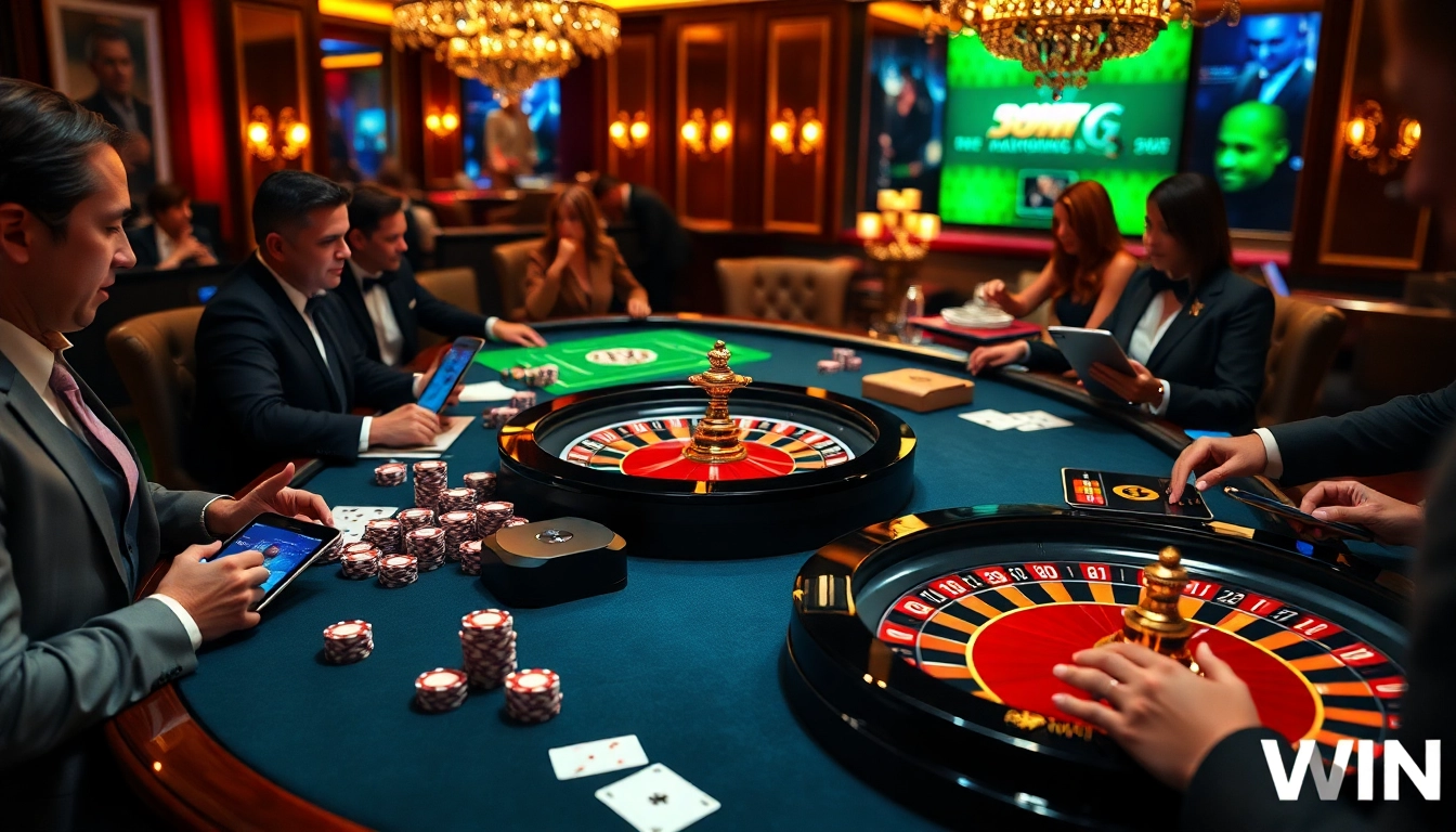 Playing high-stakes poker at VWIN's luxurious casino table with vibrant ambiance.