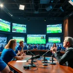 Engaging sports broadcasting studio with live feeds, showcasing vibrant hosts in action.